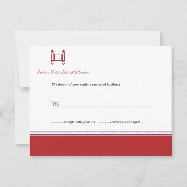Bar Mitzvah Torah Crimson Reply Card Einladung (Vorderseite)