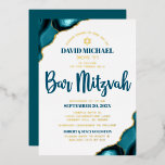 Bar Mitzvah Turquoise Agate Bold Script Real Gold Folieneinladung<br><div class="desc">Seien Sie stolz, freuen Sie sich und präsentieren Sie diesen Meilenstein Ihres Lieblings-Bar Mitzvah! Versenden Sie diese coole, einzigartige, moderne, personalisierte, hebräische Name echte Goldfolie Einladung für eine Veranstaltung zu erinnern. Dunkle aquamarine blaue Schrift-Typografie, reale Goldfolie sans Serifentypografie, und ein echter Goldstar aus David aus einer Folie überlagert einen einfachen,...</div>