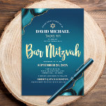 Bar Mitzvah Turquoise Ombre Agate Gold Skript Bold Einladung<br><div class="desc">Seien Sie stolz, freuen Sie sich und präsentieren Sie diesen Meilenstein Ihres Lieblings-Bar Mitzvah! Versenden Sie diese coole, einzigartige, moderne, personalisierte, hebräische Namensaufforderung für eine Veranstaltung, an die Sie sich erinnern können. Imitate Goldfolien-Schrift Typografie, weiße Sans Serif-Typografie, und ein Imitat Gold Star of David Overlay ein tieftürkisfarbener aquamariner, blauer Hintergrund...</div>