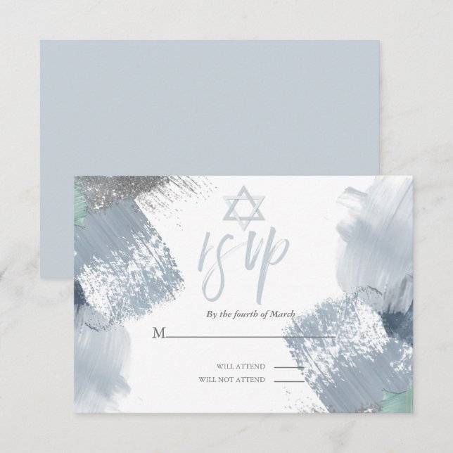 Bar Mitzvah UAWG Dusty Blue Chic Brushstrokes Einladung (Vorne/Hinten)
