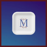 Bar Mitzvah White Blue Burgundy Name Monogram Pappteller<br><div class="desc">Was für eine wunderschöne,  personalisierte Papiertafel für einen jüdischen Bar Mitzvah Party Empfang. Hintergrund ist weiß,  Monogramm blau,  Name ist Bordeaux. Wählen Sie Platz oder Runde. Alle Rechte vorbehalten © 2024 Alan & Marcia Socolik.</div>