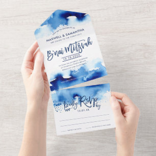BAR MITZWA EINLADUNG handgeschrieben blau aquarell