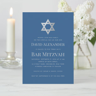 Bar Mitzwa Klassisch Blau Faux-Silber Davidstern Einladung