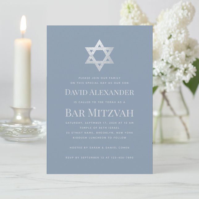 Bar Mitzwa staubblauer falscher silberner Davidste Einladung (Von Creator hochgeladen)