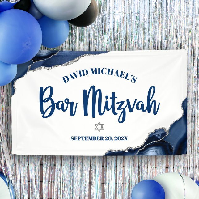 Bar Mizwa Einfach Modern Navy Blau Achat Schriftzu Banner (Von Creator hochgeladen)