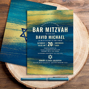 Bar Mizwa Fette Moderne Schrift Türkis Echtes Gold Folieneinladung