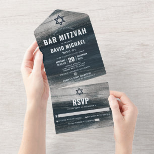 Bar Mizwa Holzkohlegrau Silberfolie Modern Fett All In One Einladung