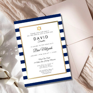 Bar Mizwa Navy Blau Weiße Streifen Gold Einladung