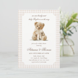 Bär neutrale Gingham-Baby-Party Einladung
