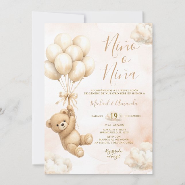 Bär Niña oder Niño Geschlecht Enthüllung Rosa und  Einladung (Vorderseite)