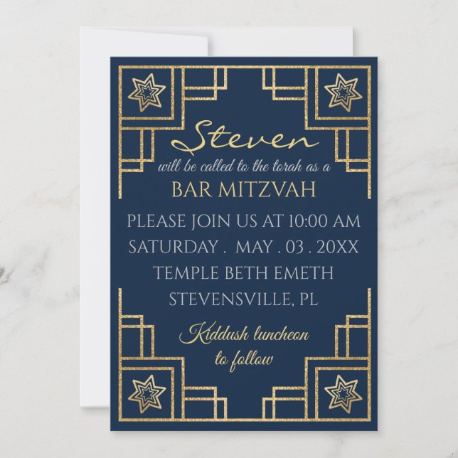 Bar or Bat Mitzvah Blue n Gold Art Deco Einladung (Vorderseite)