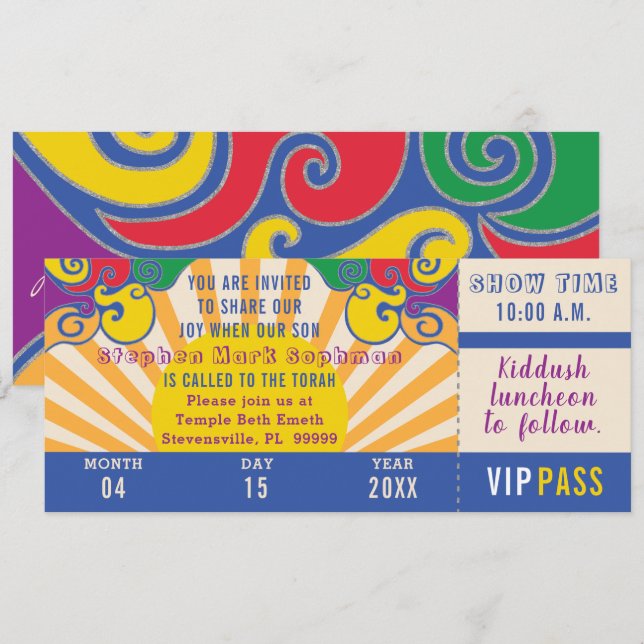 Bar or Bat Mitzvah Hippie Ticket Einladung (Vorne/Hinten)