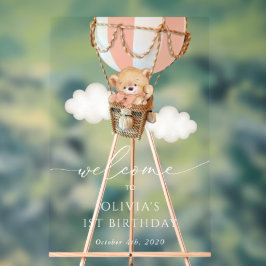 Bär, rosa Heißluftballon, Erster Geburtstag Willko Acrylschild