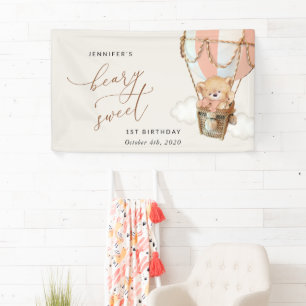 Bär, rosa Heißluftballon, Erster Geburtstag Willko Banner