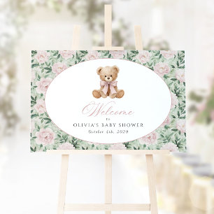 Bär, Rosa Schleife, Rosa Blumen, Babyparty Willkom Poster
