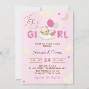Bär Rosa Vornehmes Mädchen Baby Shower Einladung