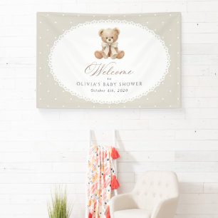 Bär, Schleife, Beige Punkte, Babyparty-Willkommen Banner