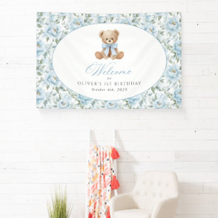 Bär, Schleife, Blaue Blumen, Willkommen zum ersten Banner