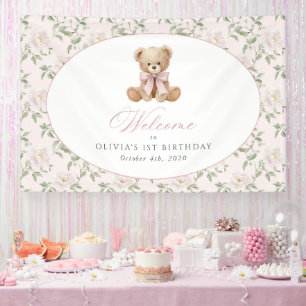 Bär, Schleife, rosa Blumen, Willkommensschild zum Banner