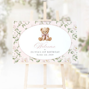 Bär, Schleife, rosa Blumen, Willkommensschild zum  Poster
