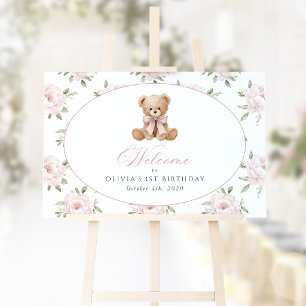 Bär, Schleife, rosa Blumen, Willkommensschild zum  Poster