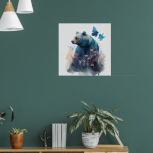 Bär Schmetterlinge Natur Aquarell AI-Illustration Poster