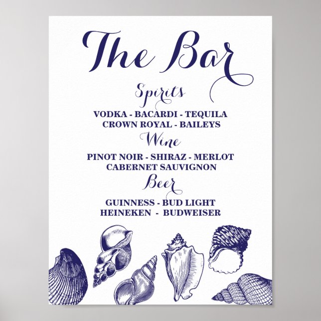 Bar Sign Beach Hochzeiten Empfang Muscheln Ozean Poster (Vorne)