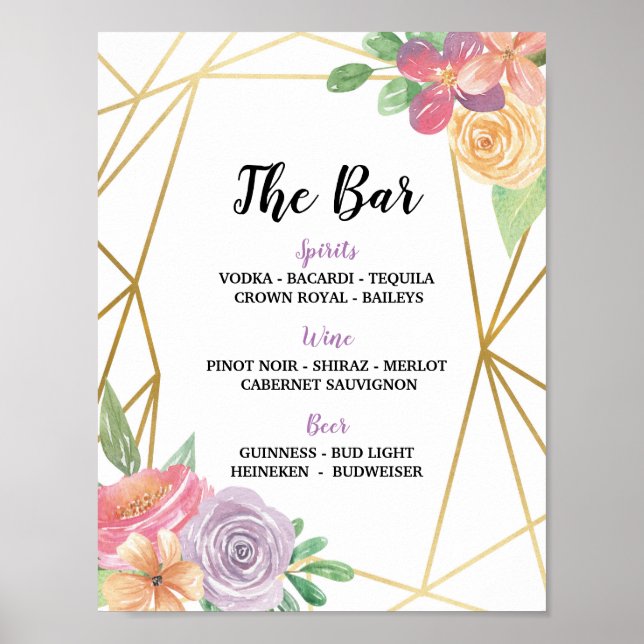 Bar Sign Blumensommer Hochzeitsempfang Rosa Poster (Vorne)