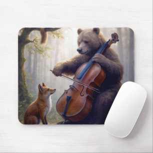 Bär spielt Cello in einem nebligen Wald Mousepad