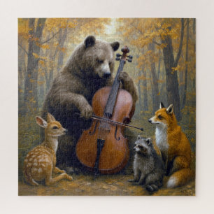 Bär spielt Cello in herbstlichen Wäldern