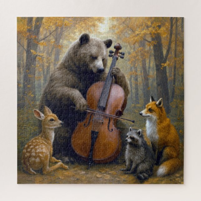 Bär spielt Cello in herbstlichen Wäldern (Vertikal)
