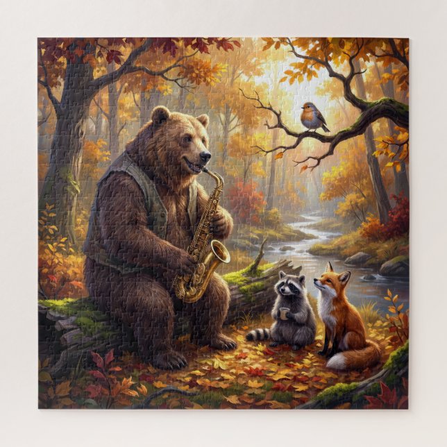 Bär spielt Saxophon im Herbstwald (Vertikal)