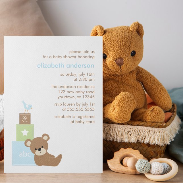 Bär und Alphabet Toy blockiert Babydusche {blau} Einladung (Von Creator hochgeladen)