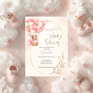 Bär und Ballons für eine Babyparty für ein Mädchen Einladung