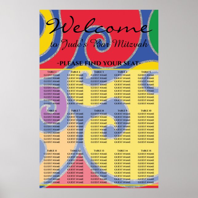 Bar und Bat Mitzvah farbenfrohe Wirbel Sitzplan Poster (Vorne)