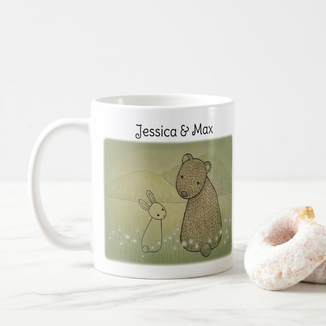 Bär und Bunny Couple Individuelle Name Geschenk Kaffeetasse (Mit Donut)