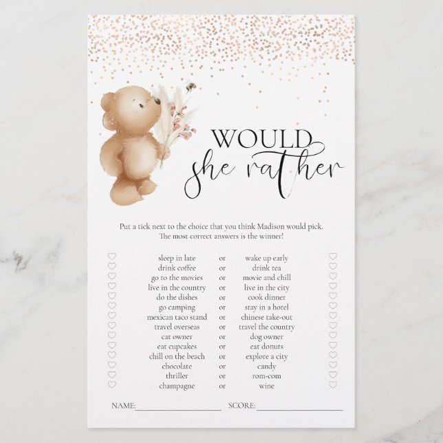 Bär und die Biene würde sie eher Baby Dusche Spiel (Vorderseite)