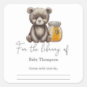 Bär und Honig - Baby Shower Exlibris Quadratischer Aufkleber