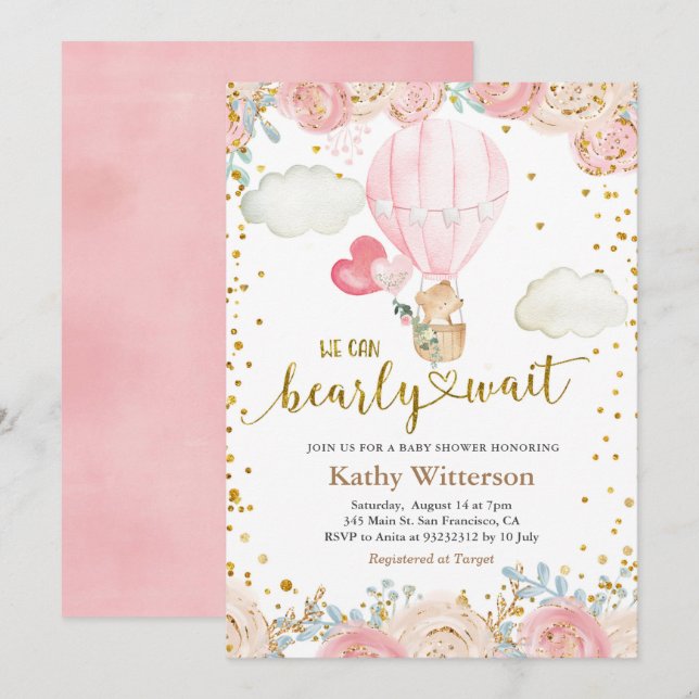 Bär und rosa Heißluftballon Babydusche Einladung (Vorne/Hinten)