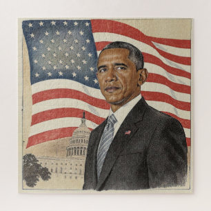 Barack Obama vor der amerikanischen Flagge und dem