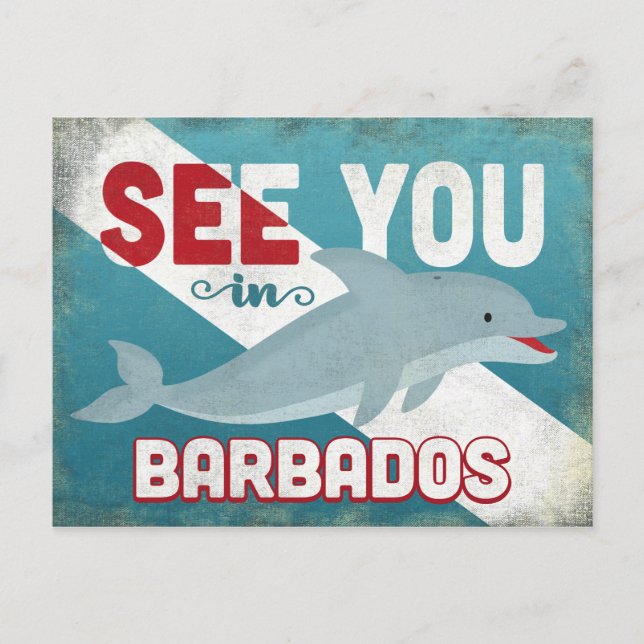 Barbados Dolphin - Retro Vintage Travel Postkarte (Vorderseite)