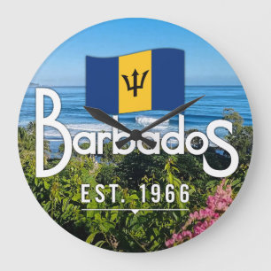 "Barbados Est. 1966" Ost-Küstenansicht mit Flagge Große Wanduhr