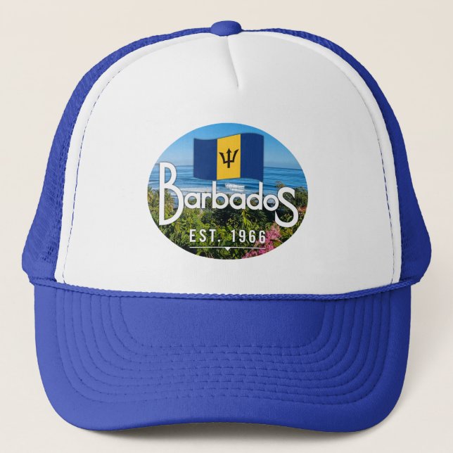 "Barbados Est. 1966" Ost-Küstenansicht mit Flagge Truckerkappe (Vorderseite)