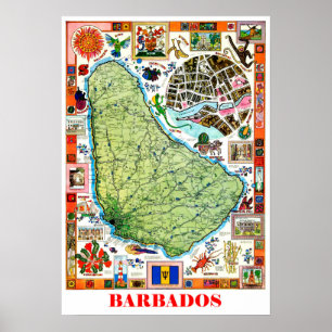 Barbados, Inselkarte, Touristenattraktionen, Vinta Poster