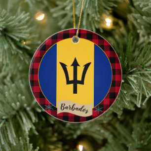Barbados, Rote Büffel, kariert & Barbados-Flagge Keramik Ornament