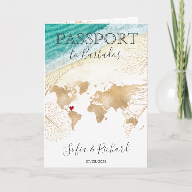 Barbados Wedding Reisepass - Weltkarte Einladung (Vorderseite)