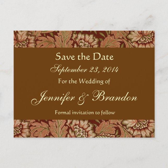 Barbe Brown Gold Damask Save the Date Postkarte (Vorderseite)