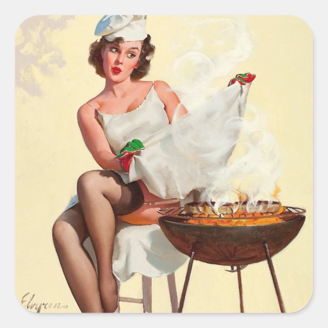 Barbecue Button-Up Girl Quadratischer Aufkleber (Vorderseite)