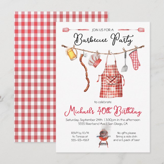 Barbecue GRILLEN Birthday red Gingham Einladung (Vorne/Hinten)
