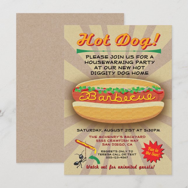 Barbecue Housewärming Hot Dog Party Einladung (Vorne/Hinten)